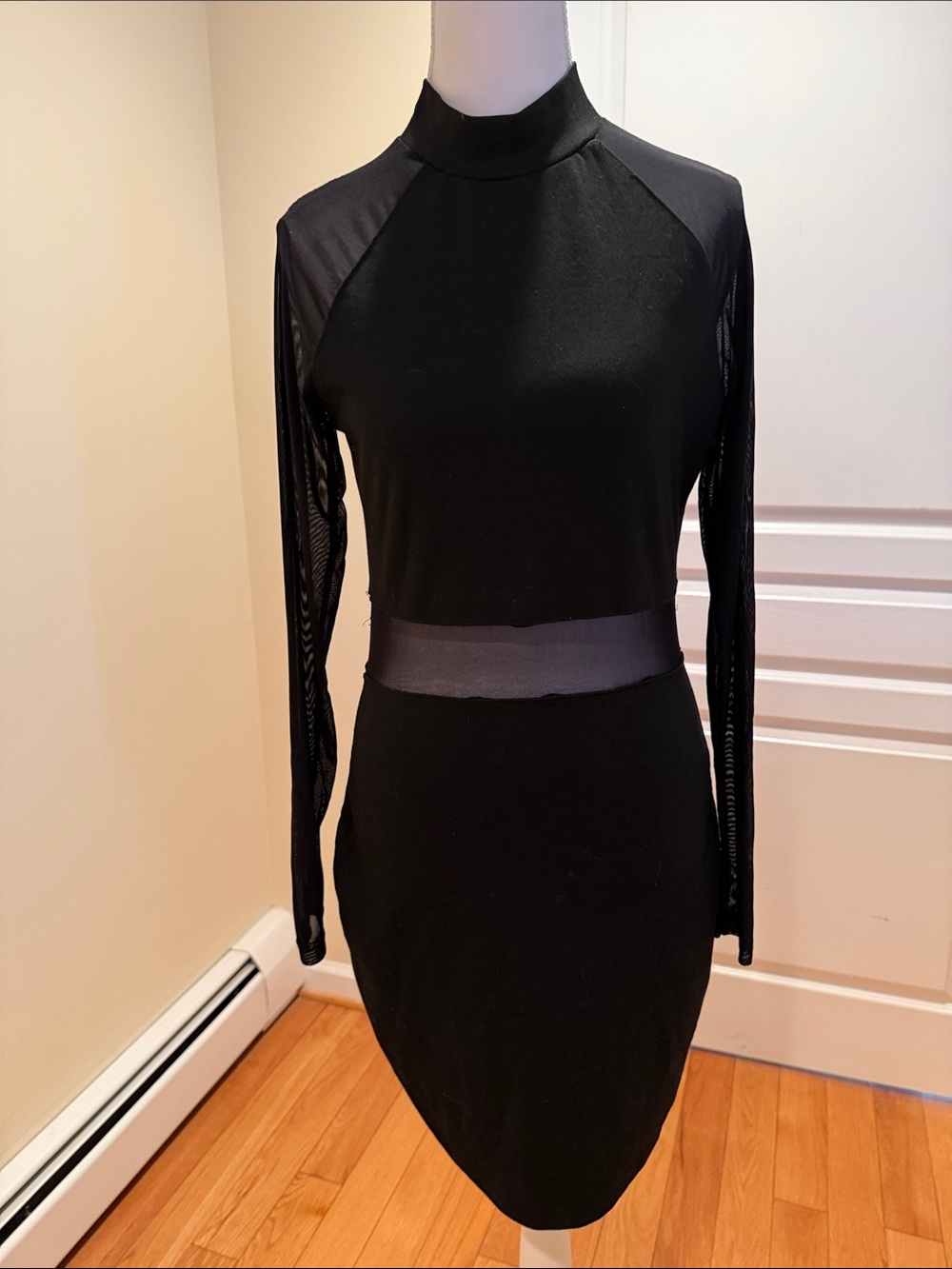 feathers Black Long Sleeve Mesh-Paneled Bodycon Dress